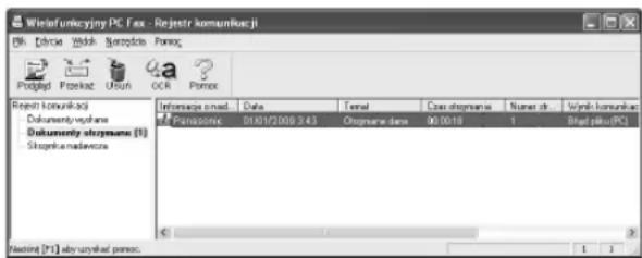 Wielofunkcyjny PC Fax - Rejestir komunikacji Dik: 0106 Wielok Szysztoje Pomoc Podgiad Przekast Usoh OCH Pomoc Rejesti komunikaci Dokumenty upharane Dokumenty uzygansu (1) Skopetka malancza Informacje smad. Data Ternał Czas dozymans Natuwa str. Wynek komunikac Wielofunkcyjny PC Podgiad Przekast Usoh OCH Pomoc 01/01/2010 2:43 Obzymans dama 90 0018 1 Blast ptku (PC) Mazima [P-1] aby uzykali pomoc.