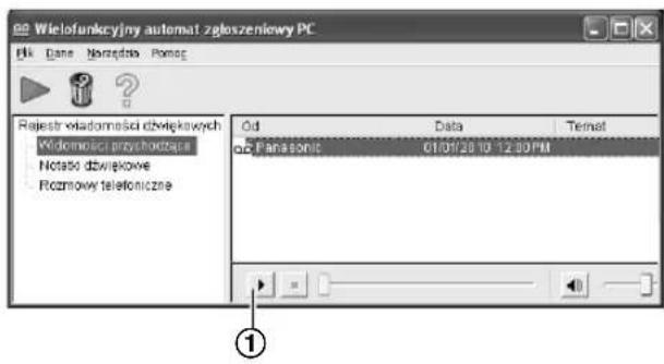 Wielofunkcyjny automat zgłoszeniewy PC File Edit View Help Rejestr własności dźwiękowych Widomości przychodząca Notasi dźwiękowe Rozmów telefoniczne Od Data Temat oP Panasonic 01/01/28 10:12:30 PM ①