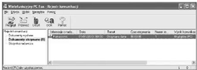 Wielefunkcyjey PC Fax - Re jestr komunikacji File Edit Date Work Net Project Promotion Pazifikat Pizifikat Uruń OCR Panex Rejestr komunikacji Dokumenty upiahane Dokumenty utrognieme (I) Skupnikomadence Información osrada: Data Panasonic 0190128000-30.000 Obrigami dane 96.02.06 Cias otrgmenia Numer str. Wynki komunikac Rajal p#le (PC) Macini([F1]) aby usyplac.pomec