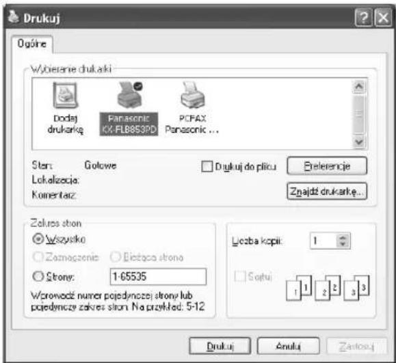 Drukuj Ogóne Wyścanie drukami Dodaj drukarkę Panasonic KX-FL8853PD PCFAX Panasonic ... Stan: Gołowe Drukuj do plicu Referencje Lokalizacja: Komertarz Znajdź drukarkę... Zakres ston: Wszysko Zoznagzenia Bieżące stono Stony: 1-65535 Wzrowodź numer pojedynczej stony lub pojedynczy zakres ston. Na przykład: 5-12 Liczba kopii: 1 Sojtu: 1 2 3 Drukuj Anulu Zantosy