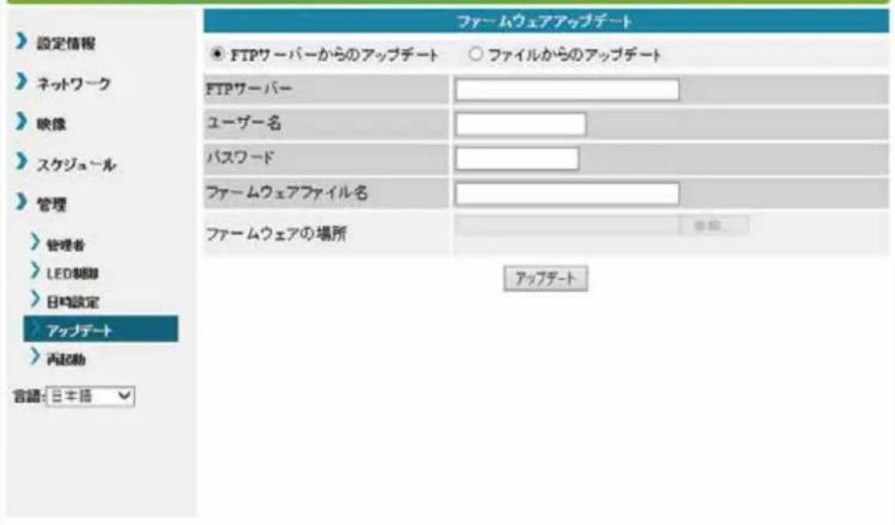設定情報 ネットワーク 映像 スケジュール 管理 管理者 LED制御 日喀設定 アップデート 内起動 言語: 日本語 ファームウェアアップデート FTPサーバーからのアップデート ○ ファイルからのアップデート FTPサーバー ユーザー名 パスワード ファームウェアファイル名 ファームウェアの場所 アップデート