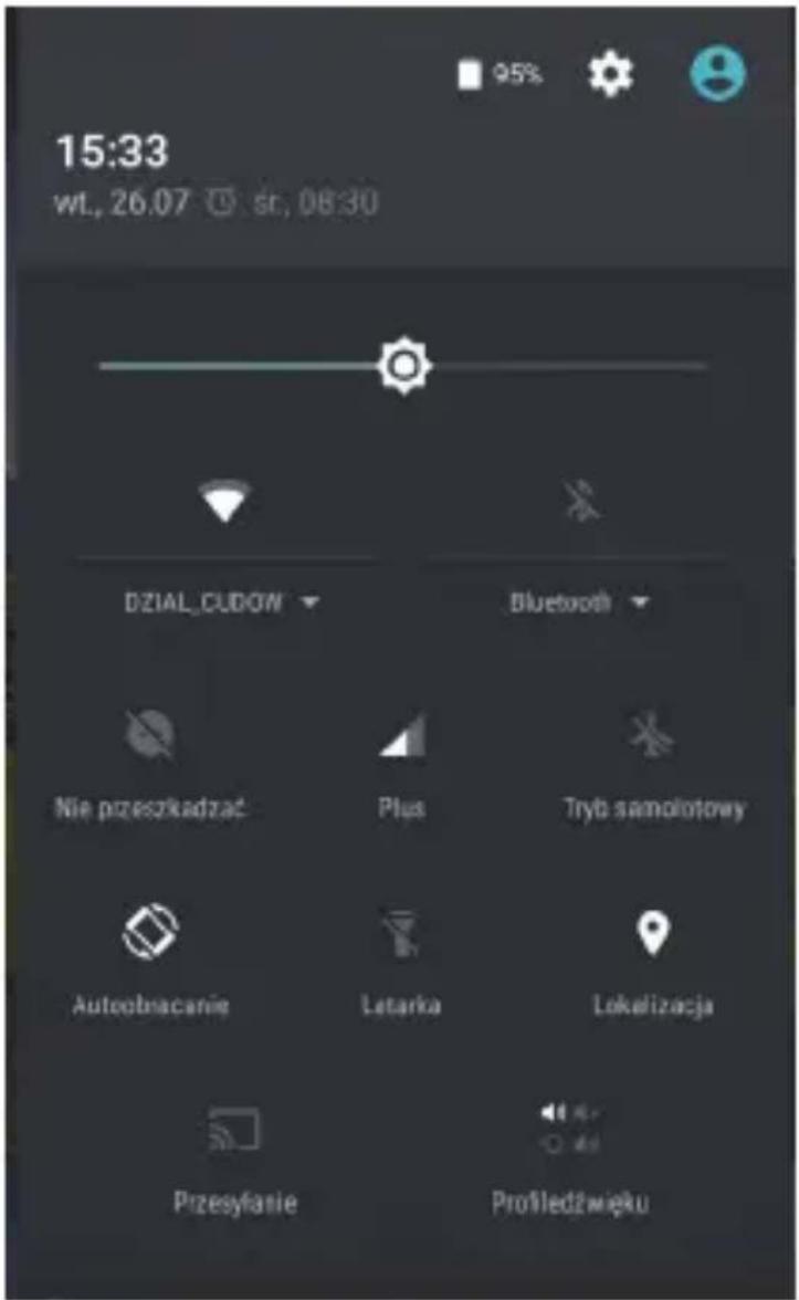 15:33 wt., 26.07 st, 08:30 DZIAL,CUDOW Bluetooth Nie przeszkadzać Plus Tryb samolotowy Autoobnacanie Letarka Lokalizacja Przesyłanie Profiedźwięku