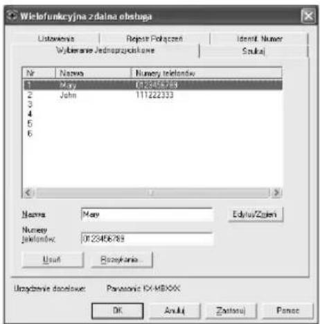 Wielofunkcyjna zdalna obstupa Ustownowa Rejekt Pohączeń Wybieranie Jednozprzykona Ident Nr. Szukaj Nr Narwa Numery telekom 1 May 0123406789 2 John 111222333 3 4 5 6 Narwa: May Eduyś/Zuń Nurwety jekłomów: 0123406789 Usami Przykania... Umodyżenie dactowe: Panasonic IX-MBXXX OK Anuki Zustosuji Pomer