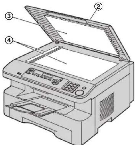PANASONIC KX-MB263PD - Przytrzymując pokrywę dokumentów (②), wyczyść białą płytę dociskową (③) i szybę skanera (④). - 1