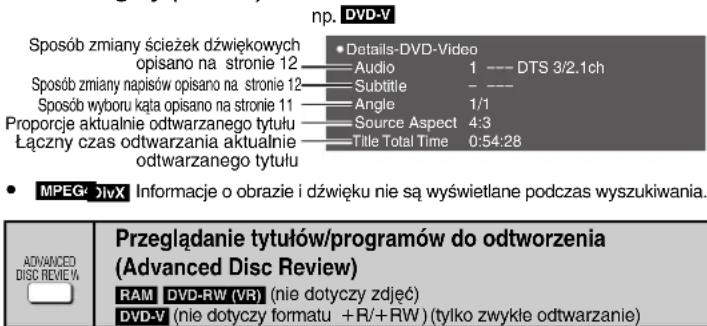 np. DVD-V Sposób zmiany ścieżek dźwiękowych opisano na stronie 12 —— Audio 1 --- DTS 3/2.1ch Sposób zmiany napisów opisano na stronie 12 —— Subtitle — --- Sposób wyboru kąta opisano na stronie 11 —— Angle 1/1 Proporcje aktualnie odtwarzanego tytułu —— Source Aspect 4:3 Łączny czas odtwarzania aktualnie —— Title Total Time 0:54:28 odtwarzanego tytułu • MPEG: DivX Informacje o obrazie i dźwięku nie są wyświetlane podczas wyszukiwania. ADVANCED DISC REVIEW Przeglądanie tytułów/programów do odtworzenia (Advanced Disc Review) RAM DVD-RW (VR) (nie dotyczy zdjęć) DVD-V (nie dotyczy formatu +R/+RW) (tylko zwykle odtwarzanie)