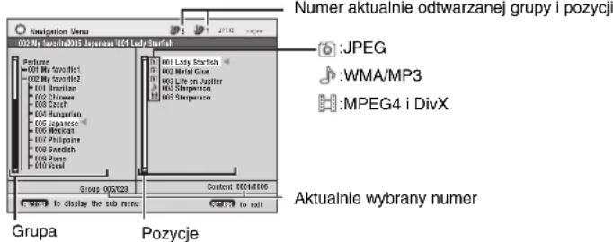 Numer aktualnie odtwarzanej grupy i pozycji :JPEG :WMA/MP3 :MPEG4 i DivX Group 0052023 Content 00541066 Mew: to display the sub menu Prurume 001 My favorite1 002 My favorite2 003 Brasilian 004 Chinese 005 Czech 006 Russian 007 Japanese 008 British 009 Philippine 010 Swedish 011 Korean Grupa Pozycje Aktualnie wybrany numer