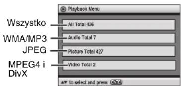 Wszystko WMA/MP3 JPEG MPEG4 i DivX All Total 436 Audio Total 7 Picture Total 427 Video Total 2 to select and press CLOSE