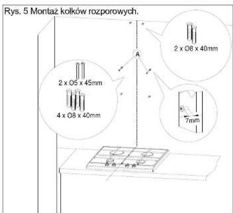 Rys. 5 Montaż kolków rozporowych. 2 x O8 x 40mm 2 x O5 x 45mm 4 x O8 x 40mm 7mm