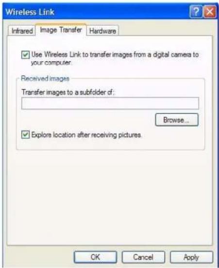 Wireless Link Infrared Image Transfer Hardware Use Wireless Link to transfer images from a digital camera to your computer. Received images Transfer images to a subfolder of: Browse... Explore location after receiving pictures. OK Cancel Apply