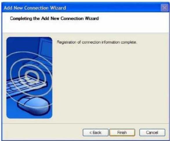 Add New Connection Wizard Completing the Add New Connection Wizard Registration of connection information complete. < Back Finish Cancel