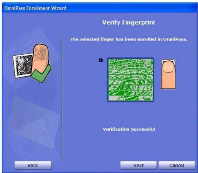 OmniPass Enrollment Wizard Verify Fingerprint The selected finger has been enrolled in OmniPass. Verification Successful Back Next Cancel