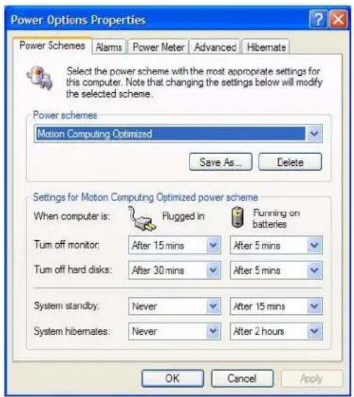 Power Options Properties Power Schemes Alarms Power Meter Advanced Hibemate Select the power scheme with the most appropriate settings for this computer. Note that changing the settings below will modify the selected scheme. Power schemes Motion Computing Optimized Save As... Delete Settings for Motion Computing Optimized power scheme When computer is: Plugged in Funning on batteries Turn off monitor: After 15 mins After 5 mins Turn off hard disks: After 30 mins After 5 mins System standby: Never After 15 mins System hibemales: Never After 2 hours OK Cancel Apply