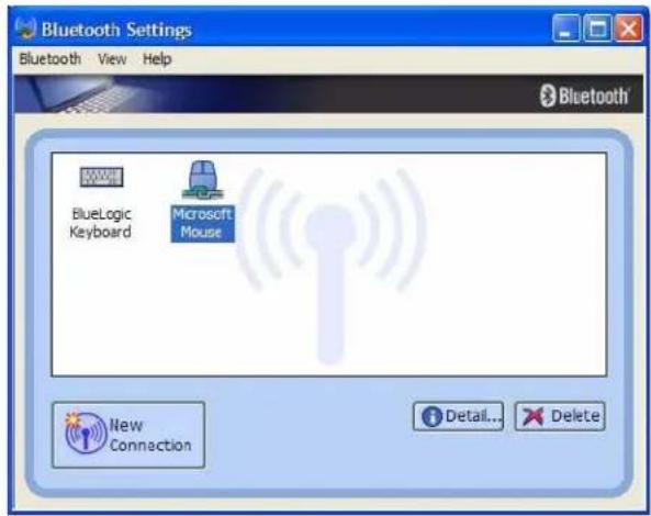 Bluetooth Settings Bluetooth View Help BlueLogic Keyboard Microsoft Mouse New Connection Detail... Delete