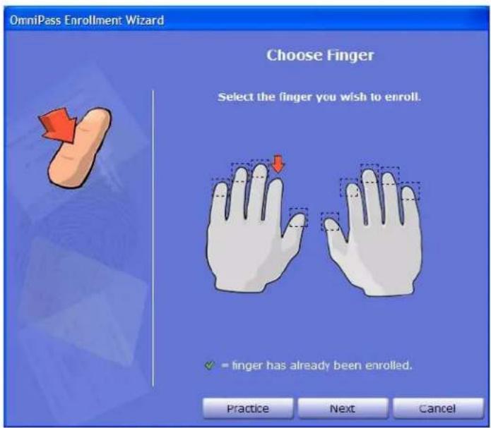 OmniPass Enrollment Wizard Choose Finger Select the finger you wish to enroll. ✓ = finger has already been enrolled. Practice Next Cancel