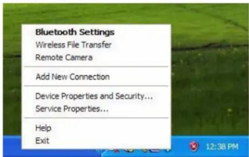 Bluetooth Settings Wireless File Transfer Remote Camera Add New Connection Device Properties and Security... Service Properties... Help Exit