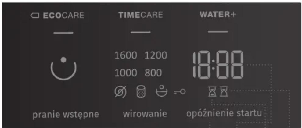 ECOCARE TIMECARE WATER+ 1600 1200 1000 800 18:00 pranie wstępne wirowanie opóźnienie startu