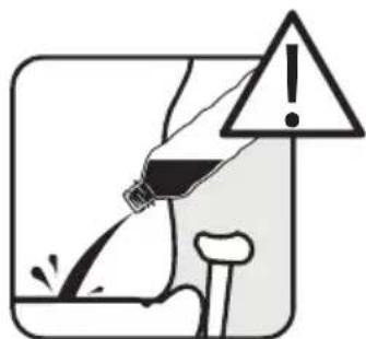 Safety warning illustration showing a hand pouring liquid with an exclamation mark and warning symbol