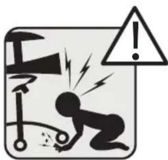 Safety warning sign showing a person using a tool to prevent accidents, with an exclamation mark indicating danger.