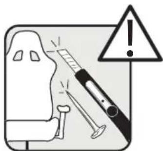 Safety warning illustration showing a syringe and warning symbol with an exclamation mark