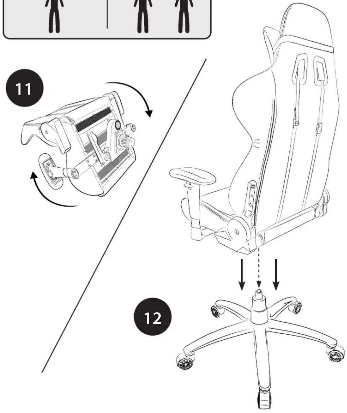 Diagram illustrating the working principle of an office chair, showing body positioning and seat assembly steps with numbered annotations.