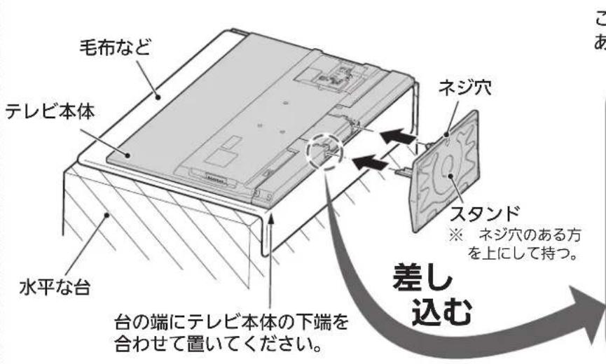 MITSUBISHI LCD-A40XS1000 - 図のようにテレビ本体をふせて置いて、右図のようにスタンドの金属部分をテレビ本体に差し込む - 1
