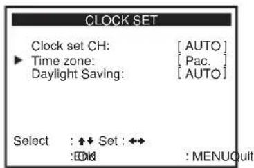 CLOCK SET Clock set CH: [ AUTO ] Time zone: [ Pac. ] Daylight Saving: [ AUTO ] Select : ⬆️ Set : ↔ : Edit : MENU Quit
