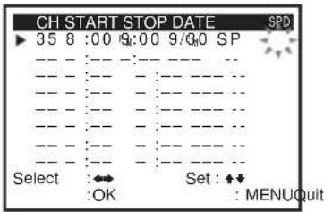 CH START STOP DATE SPD 35 8 :00 9:00 9/G0 SP Select :OK Set : ◆◀ : MENUQuit