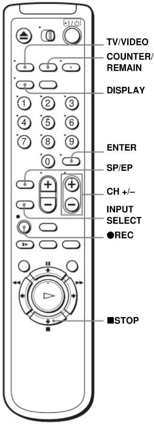 TV/VIDEO COUNTER/ REMAIN DISPLAY 1 2 3 4 5 6 7 8 9 0 ENTER SP/EP CH +/-- INPUT SELECT ●REC ■STOP