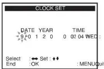 CLOCK SET DATE YEAR TIME 9 0 1 2 0 0 02 04 WED : Select :←→ Set :◆↓ End :OK :MENUquit