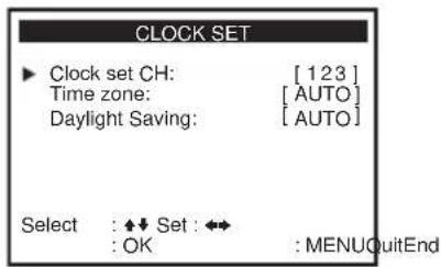 CLOCK SET ▶ Clock set CH: [123] Time zone: [AUTO] Daylight Saving: [AUTO] Select : ◆◆ Set : ◆◆ : OK : MENUQuitEnd