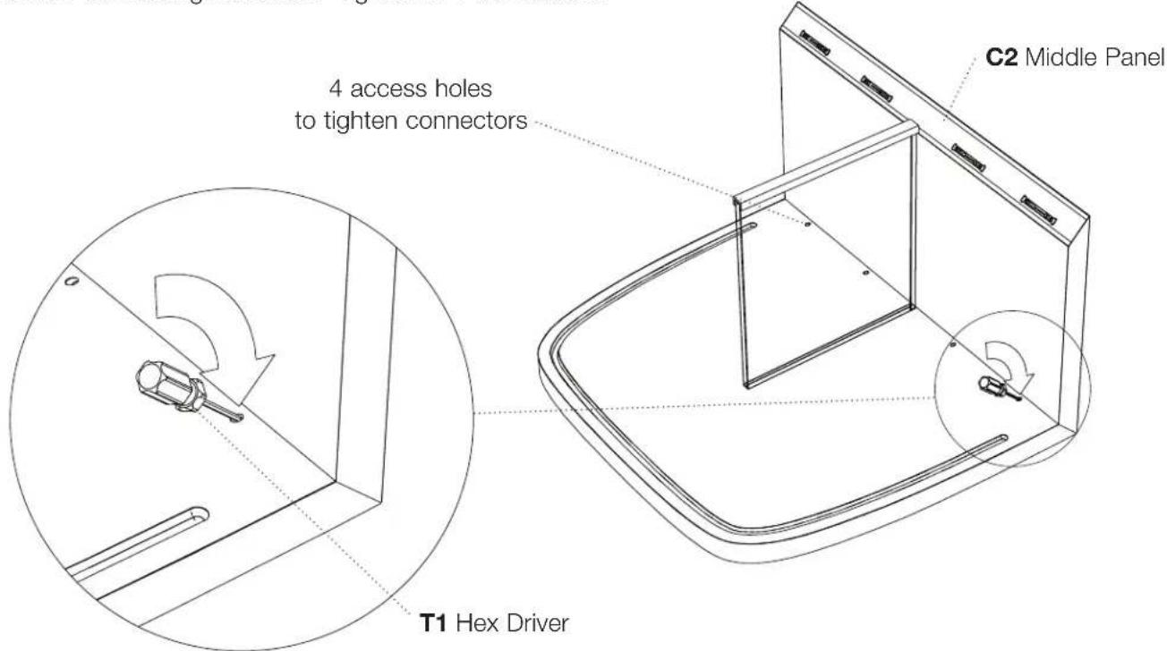 4 access holes to tighten connectors C2 Middle Panel T1 Hex Driver