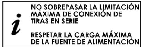 NO SOBREPASAR LA LIMITACIÓN MÁXIMA DE CONEXIÓN DE TIRAS EN SERIE RESPETAR LA CARGA MÁXIMA DE LA FUENTE DE ALIMENTACIÓN