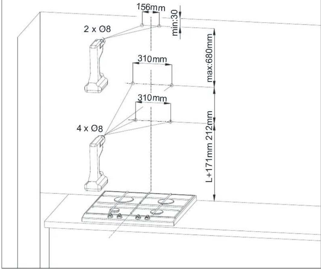 156mm min:30 2 x Ø8 310mm max:680mm 310mm 4 x Ø8 L+171mm 212mm