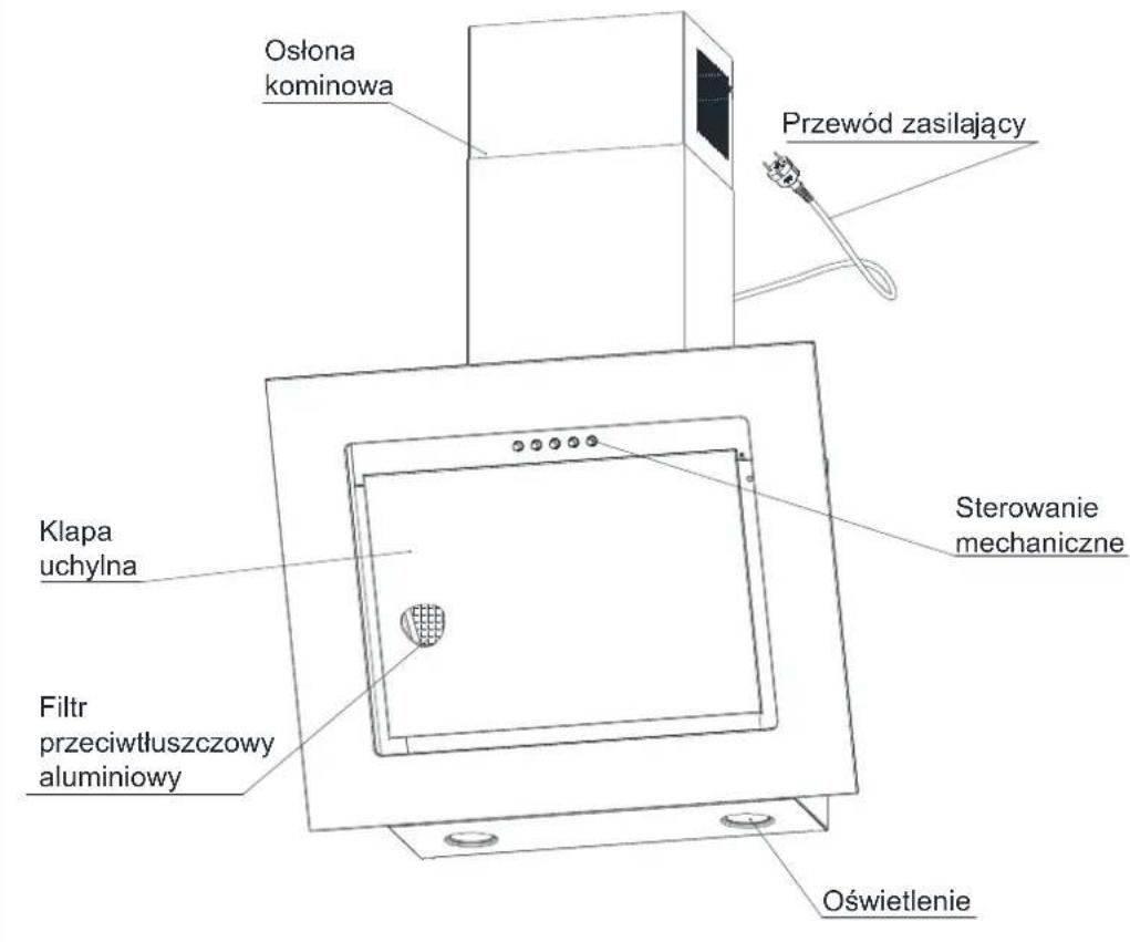 Ostona kominowa Przewód zasilający Klapa uchylna Filtr przeciwłuszczowy aluminiowy Sterowanie mechaniczne Oświetlenie