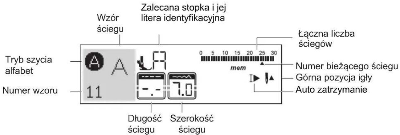 Zalecana stopka i jej litera identyfikacyjna Wzór ściegu Tryb szycia alfabet Numer wzoru 11 Długość ściegu Szerokość ściegu Lączna liczba ściegów 0 5 10 15 20 25 30 mem Numer bieżącego ściegu Górna pozycja igły Auto zatrzymanie