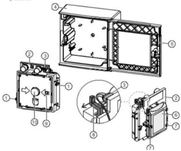 Technical diagram of a device with numbered components and internal assembly views