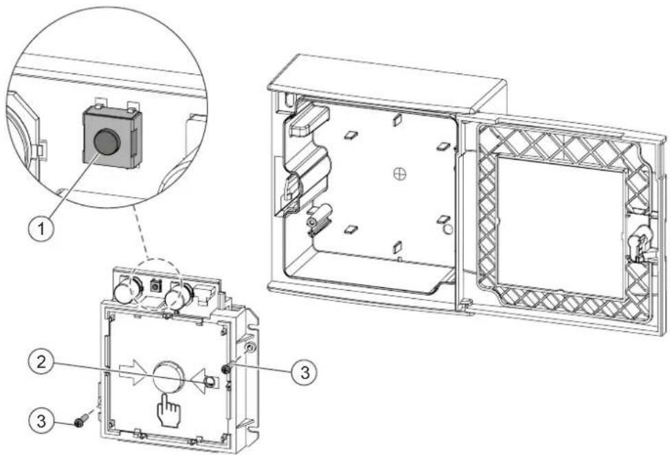 Technical diagram of an electrical enclosure with labeled components and a magnified inset showing the internal structure.