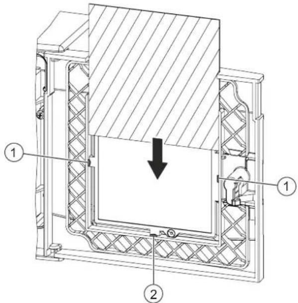 Technical diagram of a mechanical assembly with labeled components and directional arrow indicating motion or force