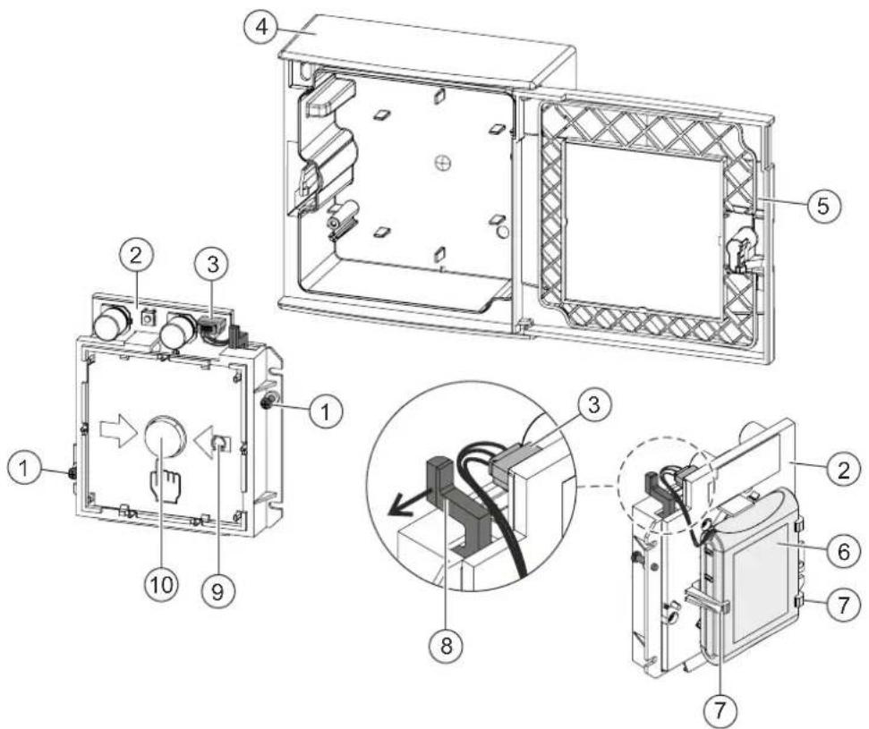 Technical diagram of an electrical enclosure with numbered components and internal wiring, likely for installation or maintenance.