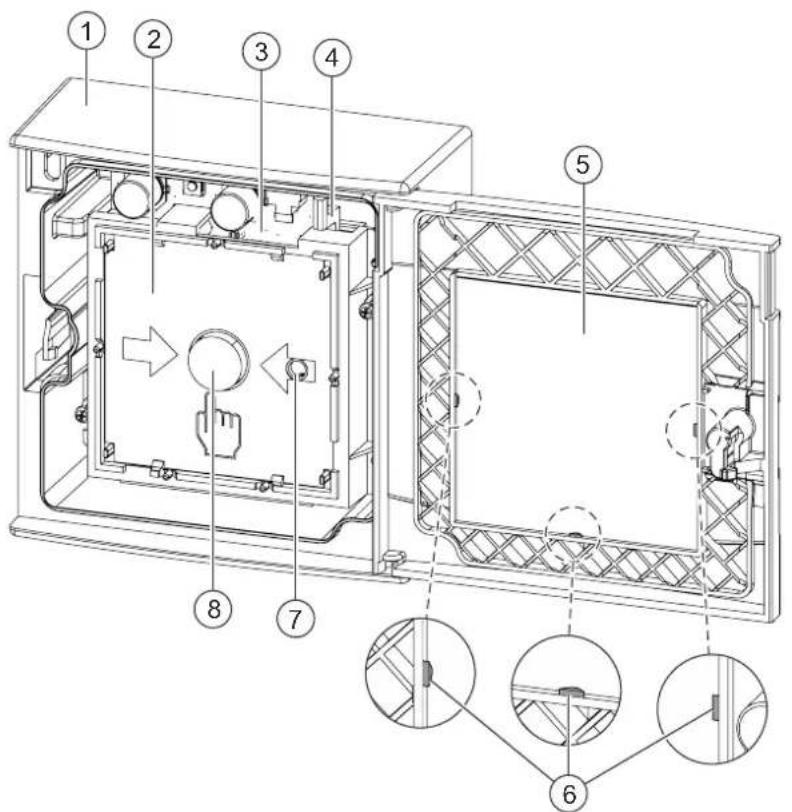 Technical diagram of an internal device with numbered components and labeled parts, including directional arrows and structural details.