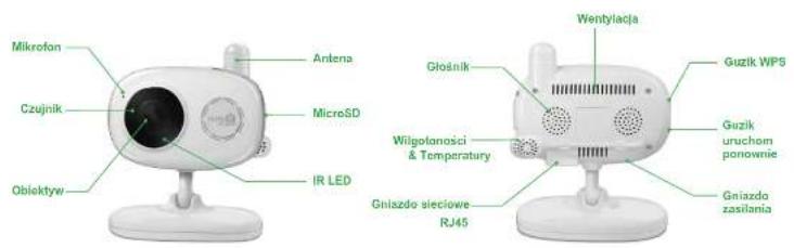 Mikrofon Czujnik Obiektyw Antena MicroSD IR LED Głośnik Wentylacja Guzik WPS Wilgotanosci & Temperature Guzik uruchom ponownie Gniazdo sieciowe RJ45 Gniazdo zasilania