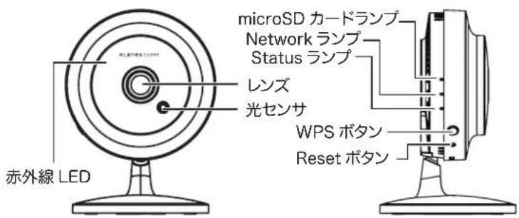 赤外線 LED microSD カードランプ Network ランプ Status ランプ レンズ 光センサ WPS ボタン Reset ボタン
