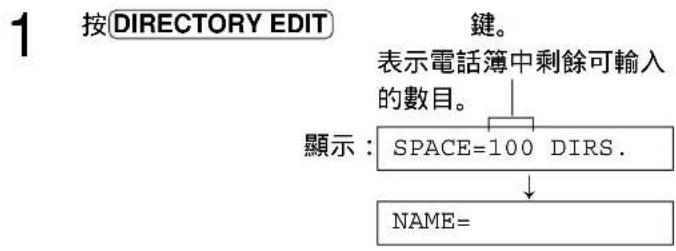 按 DIRECTORY EDIT 鍵。 表示電話簿中剩餘可輸入 的數目。 顯示:SPACE=100 DIRS. ↓ NAME=