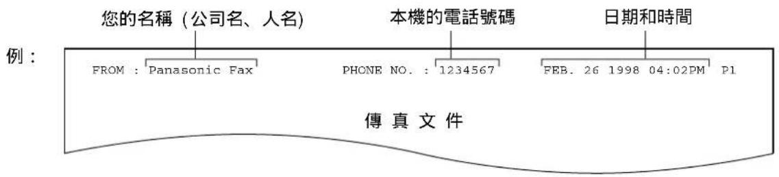 您的名稱(公司名、人名) 本機的電話號碼 日期和時間 FROM : Panasonic Fax PHONE NO. : 1234567 FEB. 26 1998 04:02PM P1 傳真文件