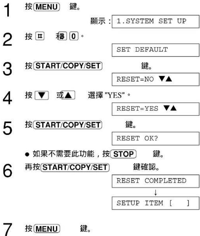 按MENU 键。 顯示：1.SYSTEM SET UP 按 0 稽 0。 SET DEFAULT 按 START/COPY/SET 键。 RESET=NO ▼▲ 按▼ 或▲ 選擇"YES"。 RESET=YES ▼▲ 按 START/COPY/SET 键。 RESET OK? ● 如果不需要此功能，按STOP 键。 再按START/COPY/SET 键確認。 RESET COMPLETED ↓ SETUP ITEM [ ] 按MENU 键。