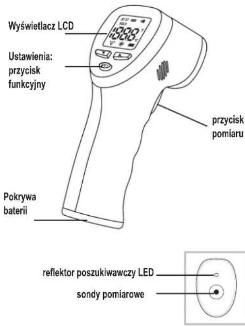 Wyświetlacz LCD Ustawienia: przycisk funkcyjny przycisk pomiaru Pokrywa baterii reflektor poszukiwawczy LED sondy pomiarowe
