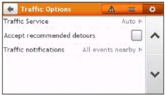 Traffic Options Traffic Service Auto ▶ Accept recommended detours Traffic notifications All events nearby ▶