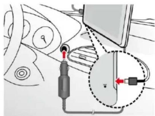 Diagram showing cable connection with labeled components and a magnified view of a device with red arrows indicating connection direction.