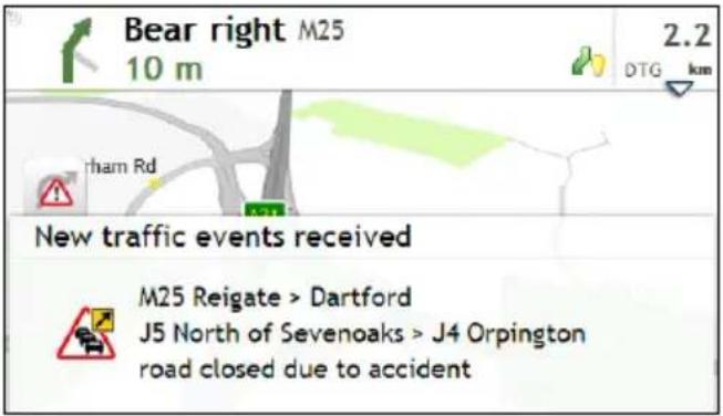 Bear right M25 10 m DTG km Rham Rd New traffic events received M25 Reigate > Dartford J5 North of Sevenoaks > J4 Orpington road closed due to accident