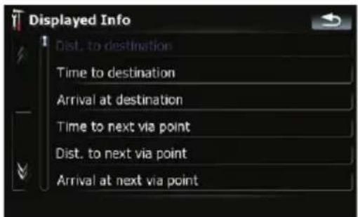 Displayed Info Dist. to destination Time to destination Arrival at destination Time to next via point Dist. to next via point Arrival at next via point